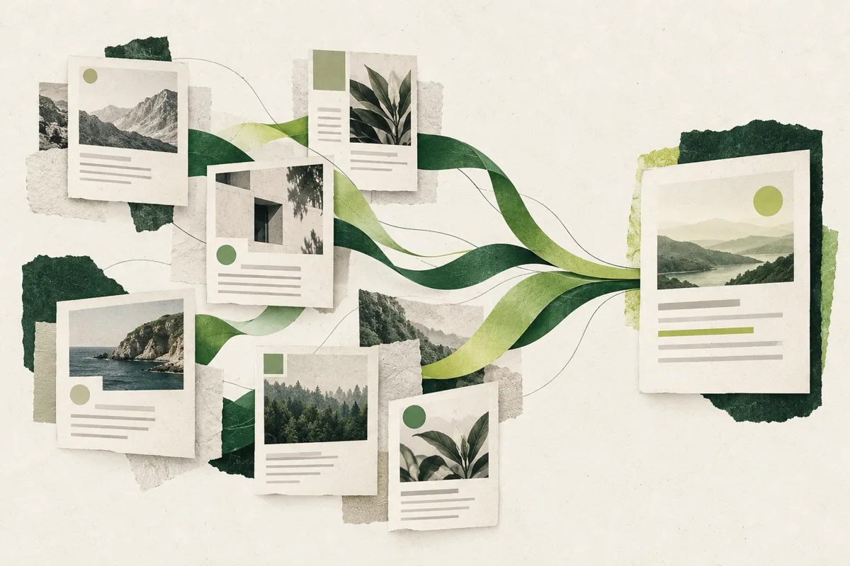 Illustration: Verschiedene Webseiten werden über grüne Bänder zu einer Antwort verbunden.